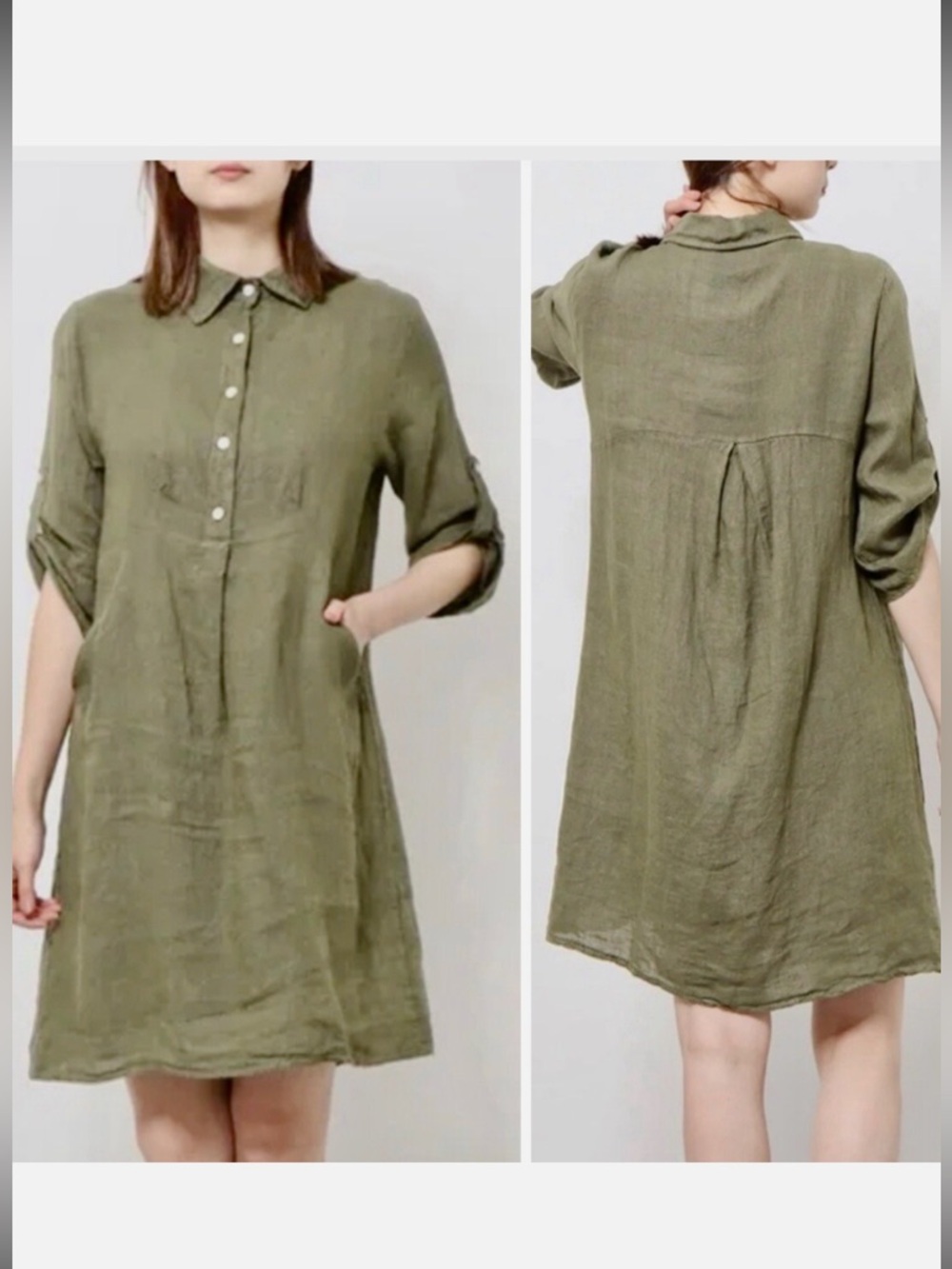 Olive Green Linen Shirt Dress - Casual Button-Front